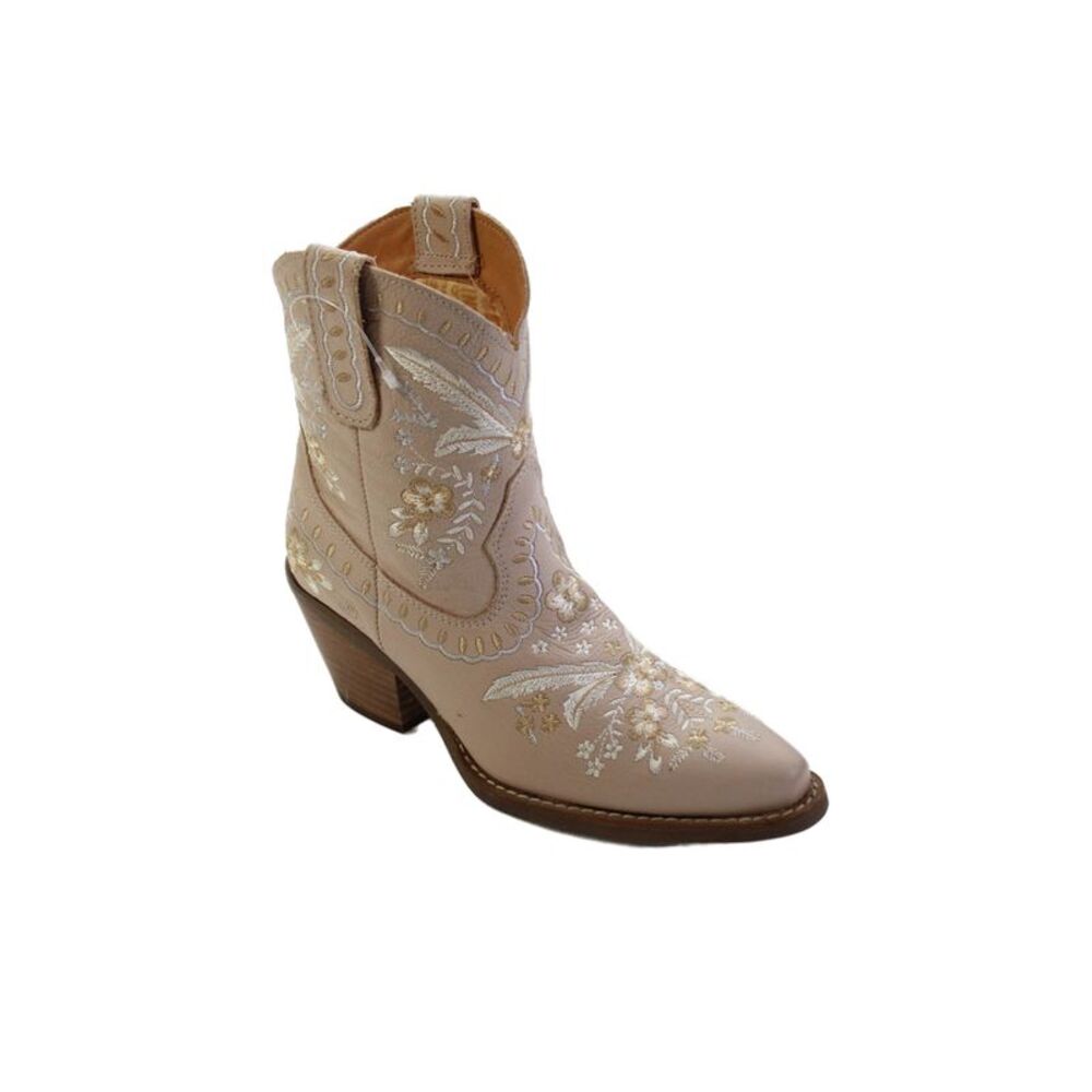 Dingo Womens Leather Floral Embroidered Cowboy Boots Beige Size 6.5 Medium
